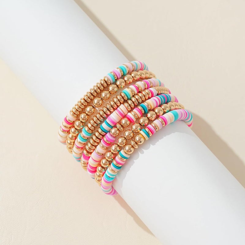 GOOJIDS Surfer Heishi Clay Bead Bracelets for Women Bohemian Stackable Gold Plated Beaded Stretch Bracelets Elastic Layering Friendship Bracelets Set Boho Jewelry - Image 2